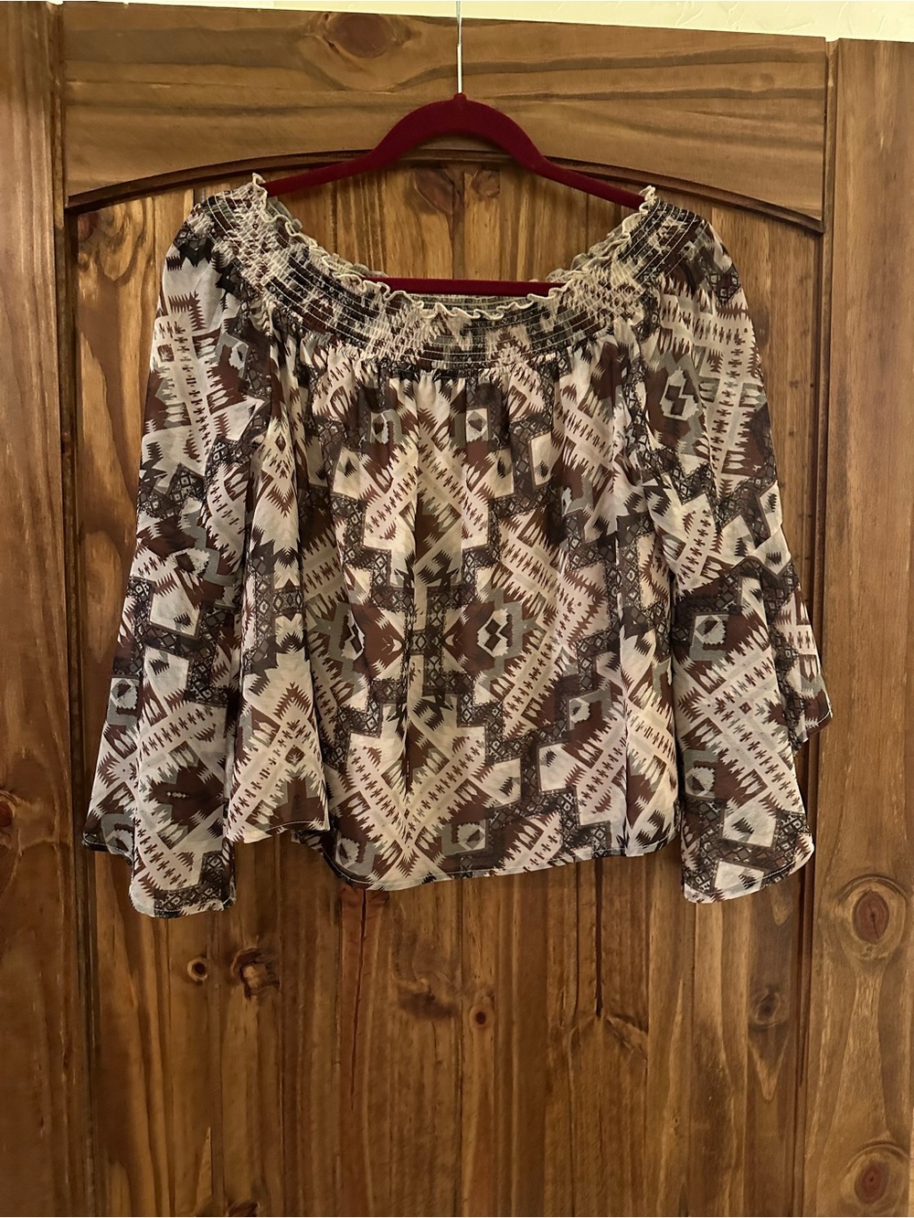 Shyanne Aztec Off-Shoulder Boho Blouse in Brown and Cream